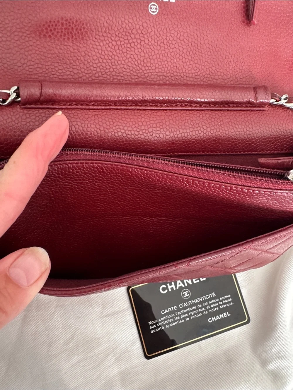 Chanel Burgundy Quilted Caviar Wallet on Chain. Burgundy. Pebbled leather.